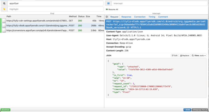 Screenshot of Flo data from the DIE - it shows all the requests to appsflyer so far. One request is highlighted.