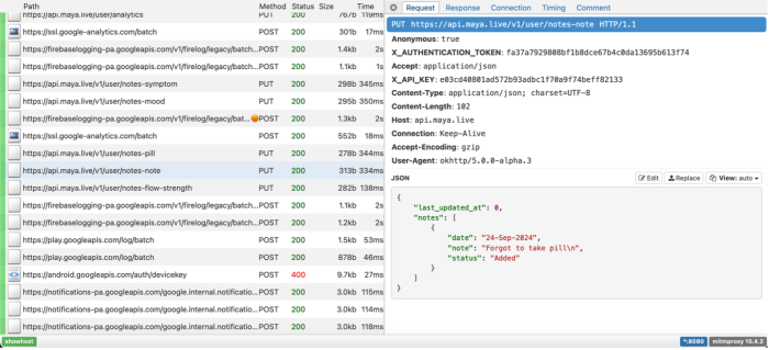 A screenshot of an intercepted request from the Maya API that includes the text of a note we added reading "Forgot to take pill\n"