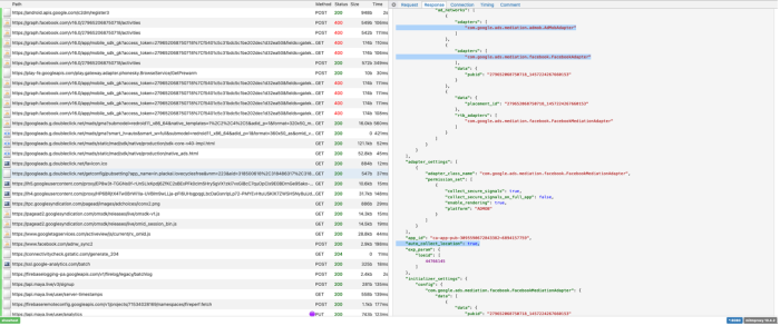 A screenshot of the response from Google Ads, the entries marked "adapters": "com.google.ads.mediation.admob.AdMobAdapter" and "adapters": com.google.ads.mediation.facebook.FacebookAdapter", and "auto_collect_location": true, are highlighted, one