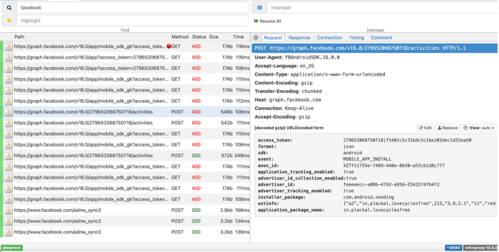 Request intercepted by the DIE to graph.facebook.com that includes application_tracking_enabled: true, advertiser_id_collection_enabled: true, advertise_tracker_enabled: true, along with an advertiser_id