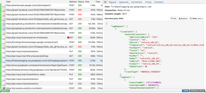 An intercepted request hosted by firebaselogging-pa.googleapis.com. This included information under "androidClientInfo" such as "applicationBuild", "country", "device", "fingerprint", "hardware" and more