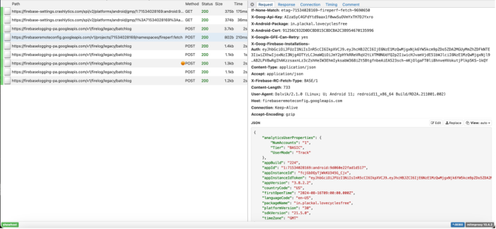 An intercepted request including a range of information under "analyticsUserProperties" including "Tier": "BASIC", "UserMode": "Track", "firstOpenTime", "appId" and more