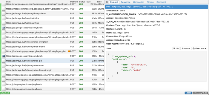Screenshot of data logs in the DIE a request from the Maya API is highlighted, it includes "pill_dates"