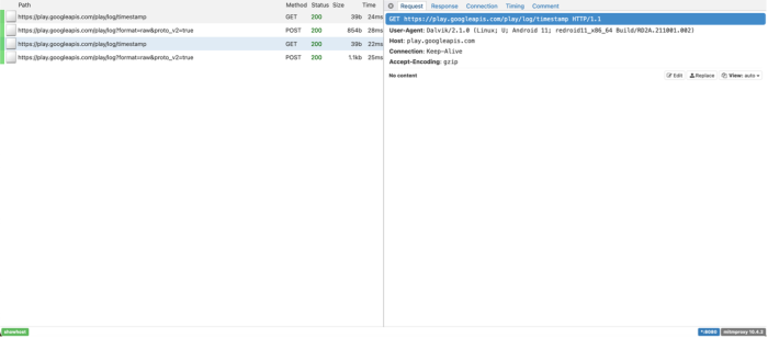 A screenshot of data from the DIE with only 4 entries in the log. Request highlighted is to the play.googleapi.com which includes Connection: Keep-Alive