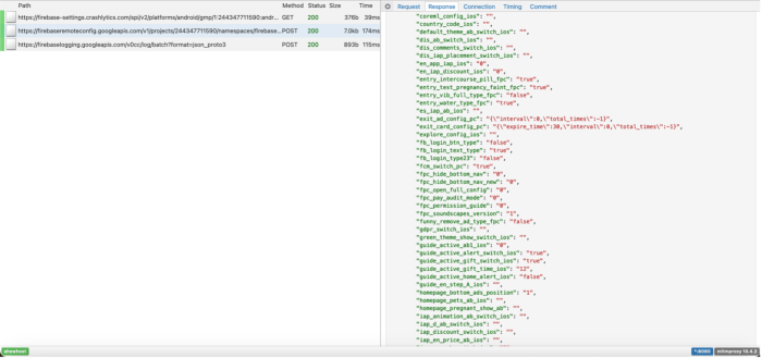 A screenshot of a response to a firebase request in the DIE including "fb_login_text_type": "true"