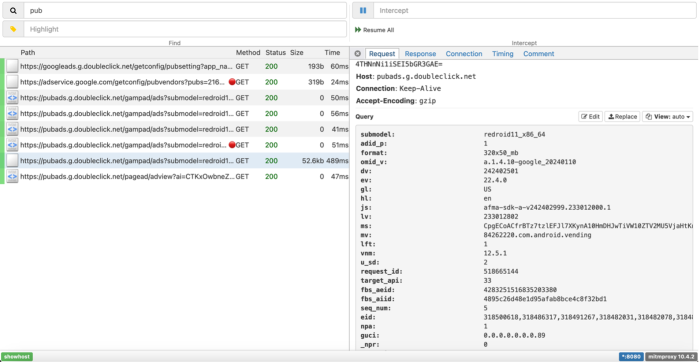 Data captured by the Data Interception Environment, filtered to show Pub Ads requests. One request, for generic device information such as 'submodel', 'format', and 'gl' (which is marked as US) is highlighted