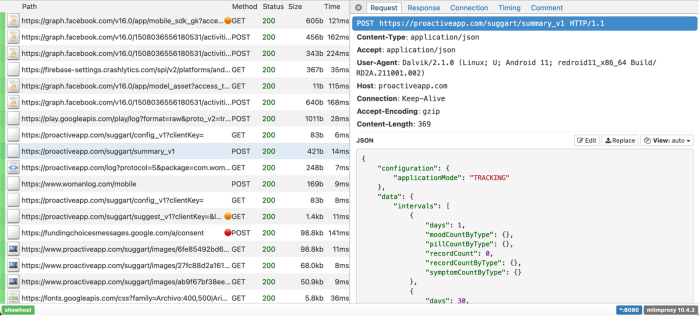 Data logged in the Data Interception Environment (DIE), a request by proactiveapp.com is highlighted.