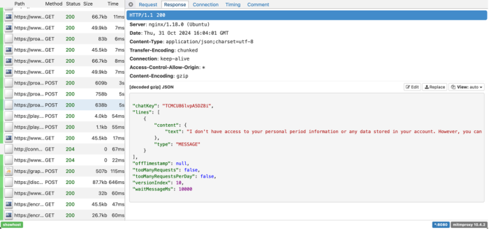 A screenshot of a response captured by the DIE it includes a "text" field which reads "I don't have access to your personal period information or any data stored in your account. However, you can...