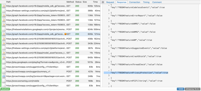 Response from graph.facebook.com - it is a list of entries all marked as "key" followed by a SDK feature e.g. FBSDKFeatureErrorReport and a whether it in use (in this example "value": false)