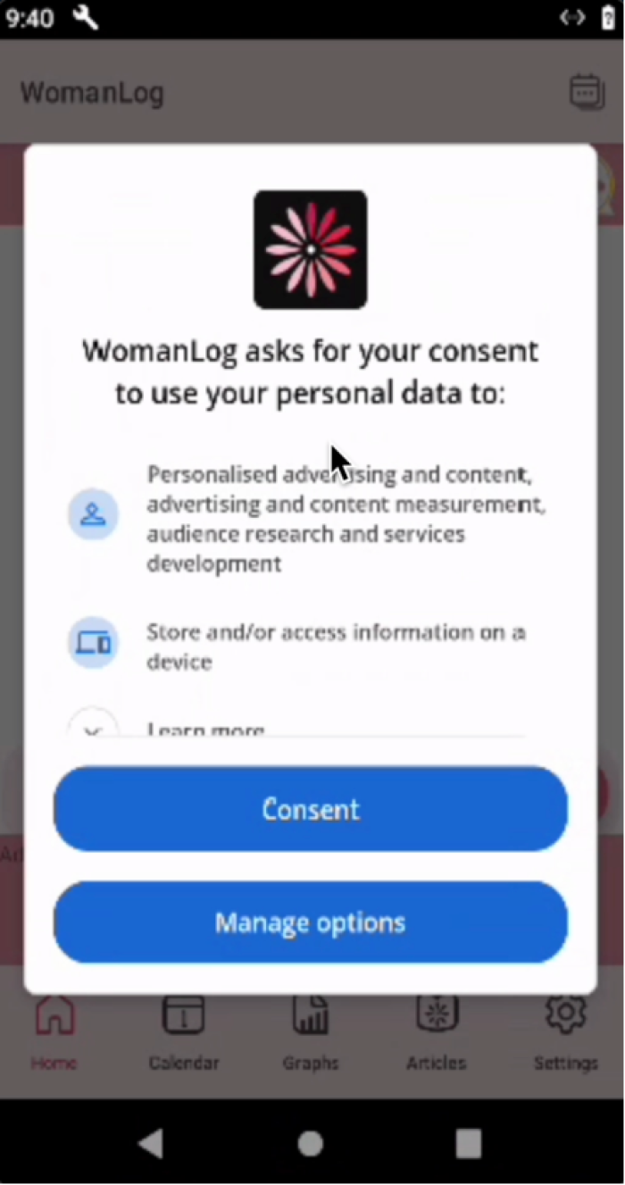 A pop in the app asking for connsent to: use your personal data for personalised advertising and content, content measurement, audience research and services development, and to store and/or access information on a device.