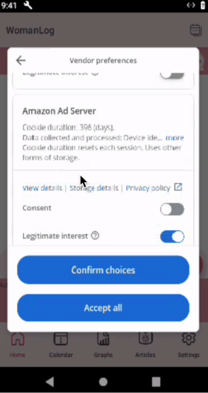 Screenshot with more specific information on the venders above. The focus is on Amazon Ad Server and includes information such as 'Cookie dureation: 398 (days)'. It has two options below it 'consent' and 'legitimate interest'. Legitmate interest is currently set to on.