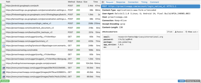 Data intercepted by the DIE - a proactiveapp.com request is highlighted. It features data including email, password, package, app_version, and OS