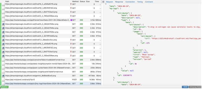 A Stardust API response including information for 'my-logs', with fields such as 'date', 'description' 'title' (here "Mood Swings") and more