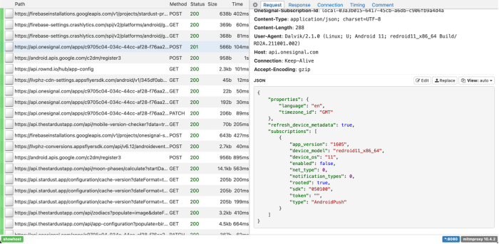 An One Signal API request including properties such as language: en, timezone_id: GMT, and fields listed under "subscriptions": including "type": AndroidPush, "enabled": false, and others like "app_version", :device_model" and others