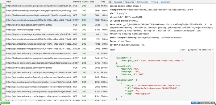 A response from the One Signal API which includes a "onesignal_id" and "properties" including "country", "language" and "timezone_id"