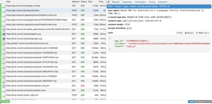 An API request intercepted by the DIE, it includes an app_id, id_token, and a field called intent filled out with "sign_up"