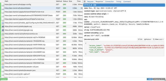An intercepted response from the Rownd API including Access_Token, sign_in_method (marked as google), and user_type (marked as new_user)