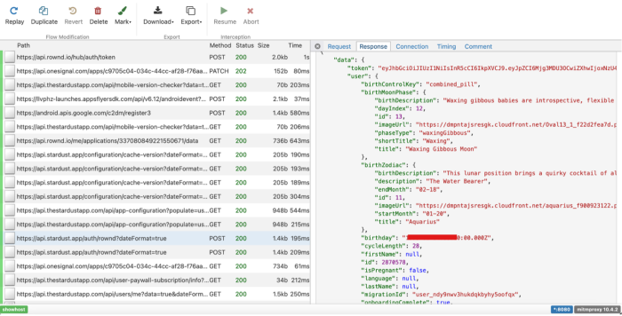 An intercepted response from the Stardust API including birth control key, birth moon phase,  birth zodiac, birthday, cycle length; the fields 'firstname', 'language', and 'lastname' are all marked as 'null'