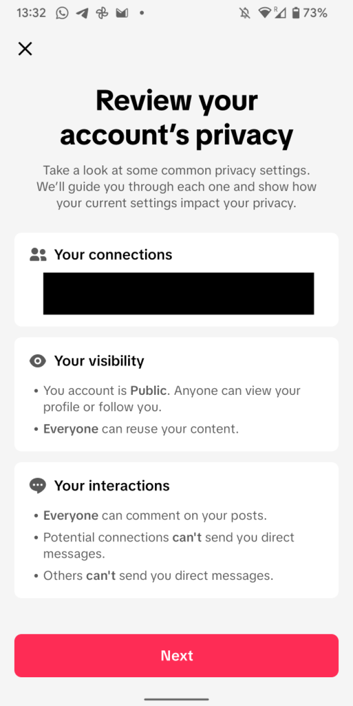 TikTok Privacy Check-up screenshot