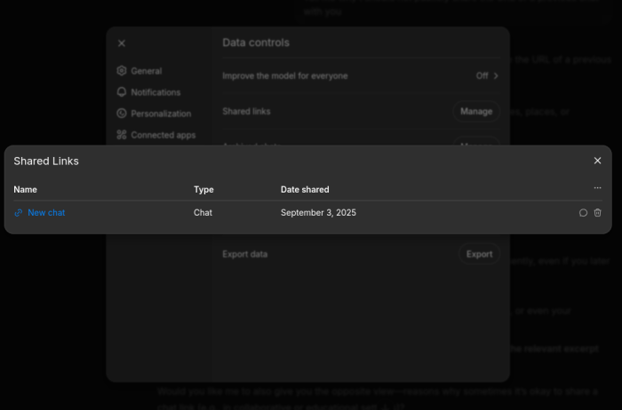 "manage shared links" screen in chatGPT