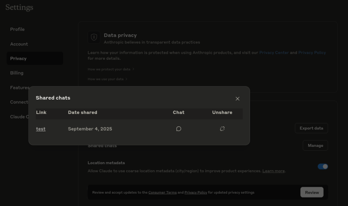 Claude shared links screen