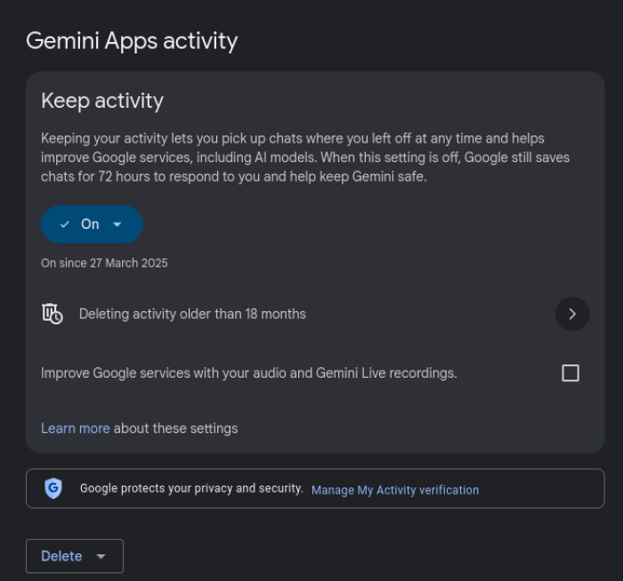 Gemini prevent training on the browser