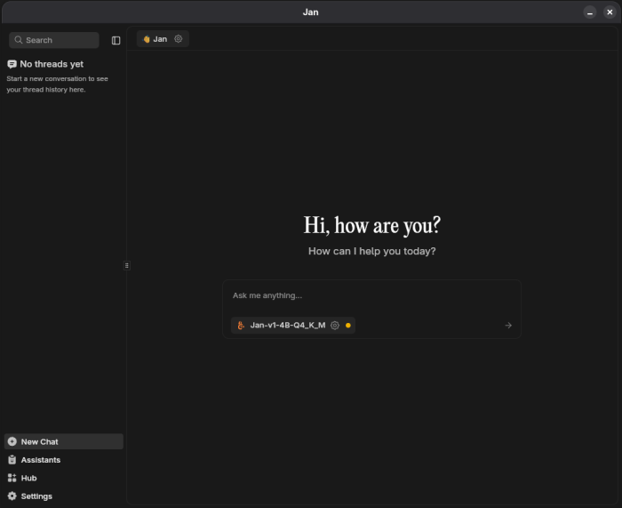 Jan chat interface - select a model and start chatting