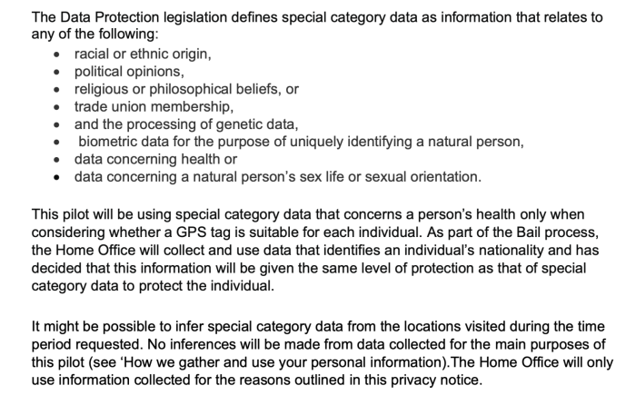 Screenshot of the Home Office, Satellite Tracking Services Privacy Information Notice, GPS TAGGING EXPANSION PILOT, September 2024