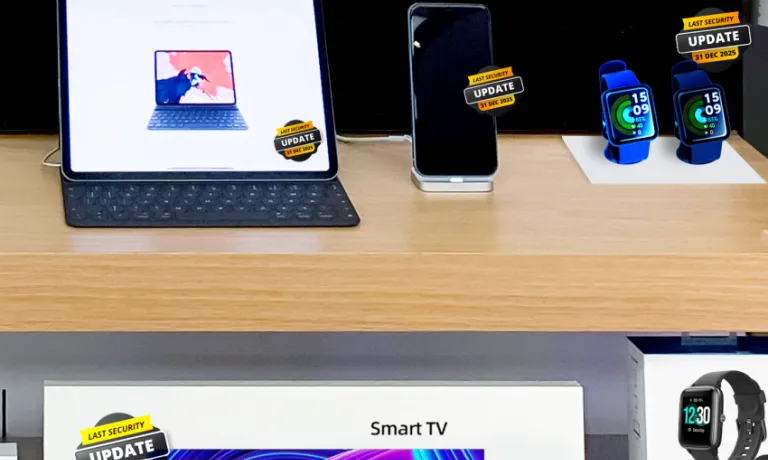 Close-up of a store shelf that shows electronics like a laptop, smartphone and smart watches bearing software expiry dates