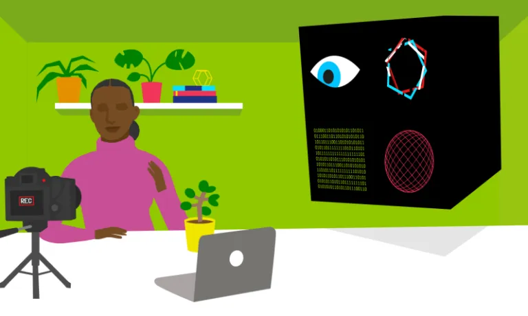 A black female content creator at her desk in front of a camera with an ominous black box with data points and an eye on one face looking at her behind her shoulder