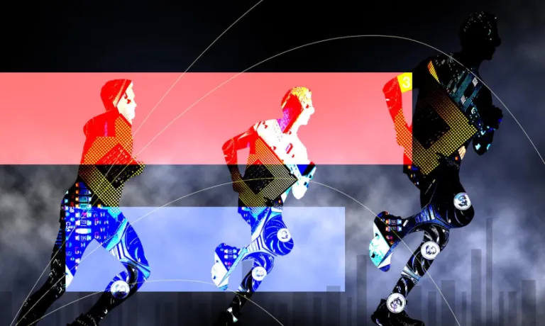 Three human silhouettes are depicted mid-stride, each comprising of a collage of hardware used to develop AI including circuit boards and CPU chips. In the background there is a black and grey gradient with smoke. Beneath the runners from the left, there are two rectangle panels which run across the image, one is red and the other is blue. 