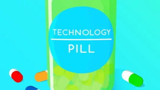 A green pill bottle surrounded by muticoloured pills, the label reads Technology Pill