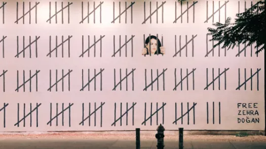 Tally marks painted on a wall, behind one set is a woman painted as though looking through jail bars, in the corner text reads 'Free Zehra Doğan'