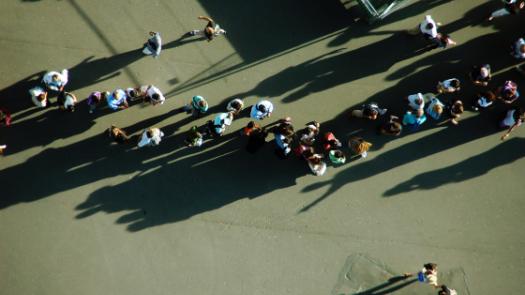 aerial view people in queue
