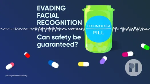 Green pill bottle with label reading Technology Pill surrounded by muli-colour pills with a sound waveform running behind it, text next to the bottle reads Evading facial recognition: can safety be guaranteed?