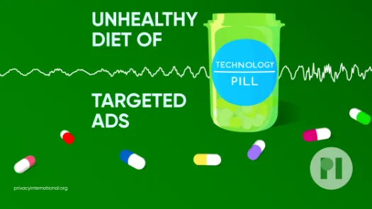 Green pill bottle with label reading Technology Pill surrounded by muli-colour pills with a sound waveform running behind it, text next to the bottle reads Unhealthy diet of targeted ads