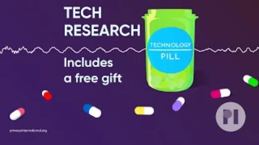 Green pill bottle with label reading Technology Pill surrounded by muli-colour pills with a sound waveform running behind it, text next to the bottle reads Tech Research: includes a free gift