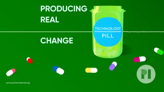 Green pill bottle with label reading Technology Pill surrounded by muli-colour pills with a sound waveform running behind it, text next to the bottle reads Producing Real Change