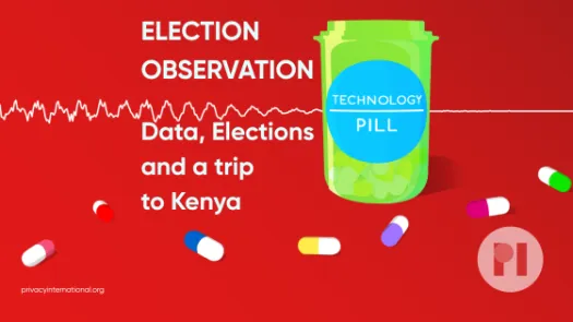 Green pill bottle with label reading Technology Pill surrounded by muli-colour pills with a sound waveform running behind it, text next to the bottle reads Election Observation: Data, Elections, and a trip to Kenya