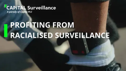 Ankle tag with "Profiting from racialised surveillance" overtext