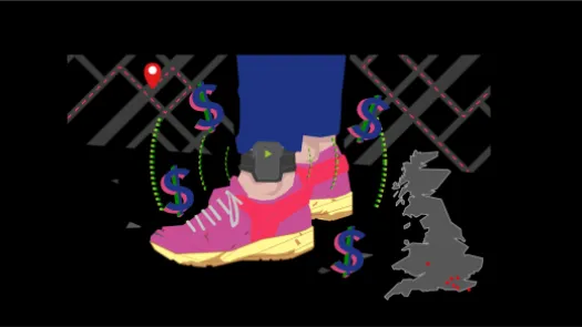 Drawing of an ankle tag on an ankle alongside a map of the UK with data points, and dollar signs around