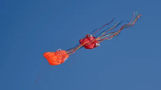 Two kites with eyeballs flying in blue sky