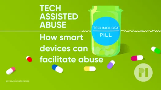 Green pill bottle with label reading Technology Pill surrounded by muli-colour pills with a sound waveform running behind it, text next to the bottle reads Tech Assisted Abuse: How smart devices can facilitate abuse