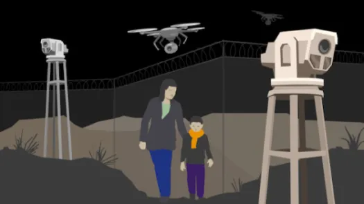 illustration of mother and child being spied on by drones and camera