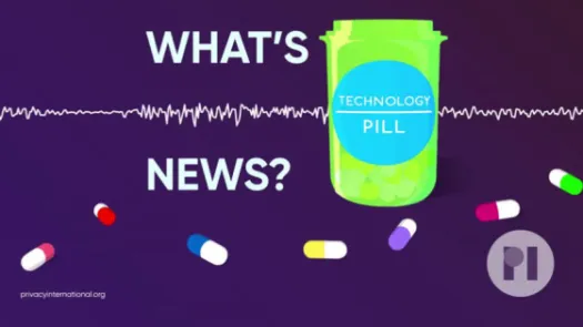 reen pill bottle with label reading Technology Pill surrounded by muli-colour pills with a sound waveform running behind it, text next to the bottle reads What's News?