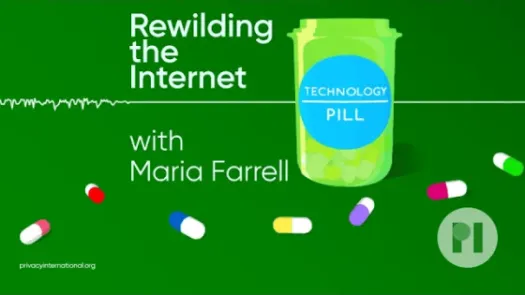 Green pill bottle with label reading Technology Pill surrounded by muli-colour pills with a sound waveform running behind it, the podcast title is next to the bottle
