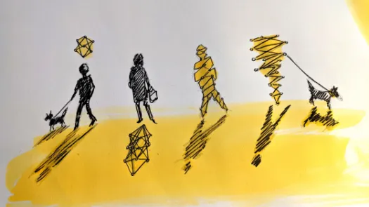 Gold and black sketching of people and dogs symbolising data