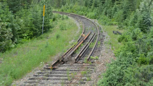 The end of a train track in a forest, with piled up sleepers, rails and ties