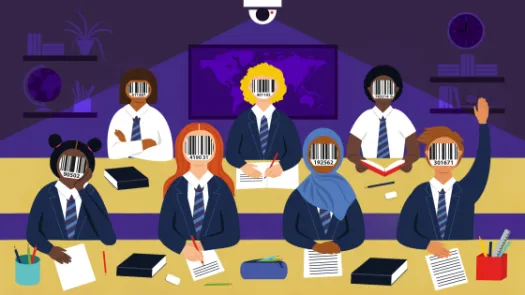 Cartoon children in an ominous red classroom under a camera, they have barcodes for faces