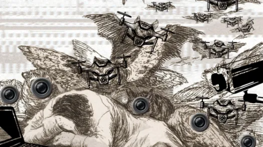 A digital collage based on Goya’s etching showing a person asleep at a desk. The figure leans forward with their head on their arms. Around them hover many small drones and large video surveillance cameras, replacing the original owls and bats. A laptop sits open on the desk. Faint text on the desk reads “The sleep of reason produces monsters.” A label over the word “reason” says “AUTONOM-IA.” The overall effect suggests technology watching and controlling a passive person